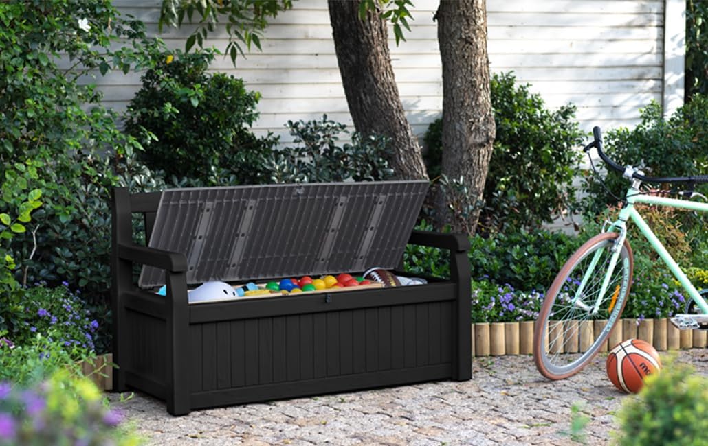 Keter Eden Bench 265L Outdoor Garden Storage Box, Graphite & Light Grey, 60% Recycled Plastic, Weatherproof