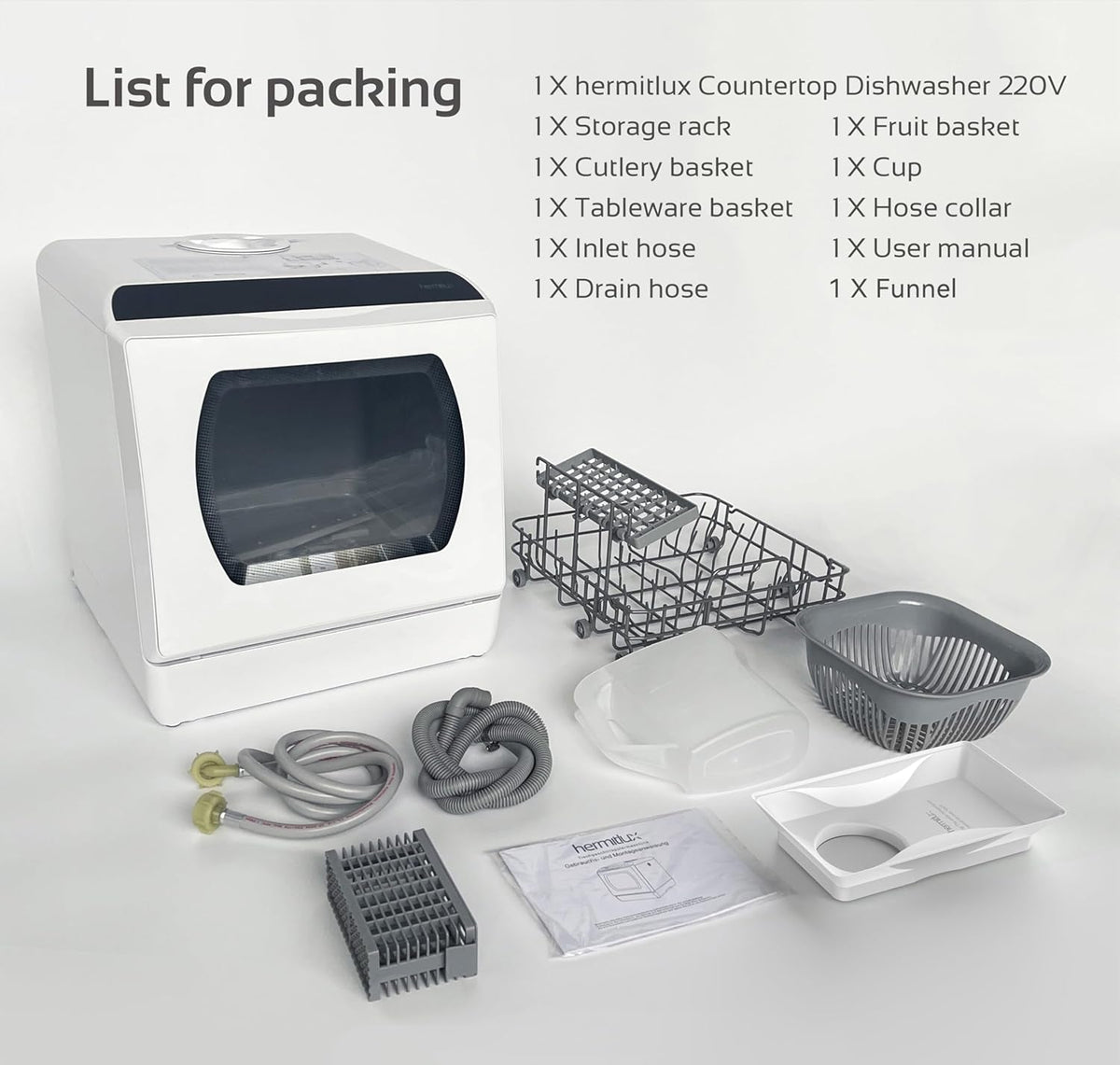 Hermitlux Table Top Dishwasher – Mini Countertop, 4 Place Settings, 6 Programs, Built-In 5L Water Tank, Touch Control