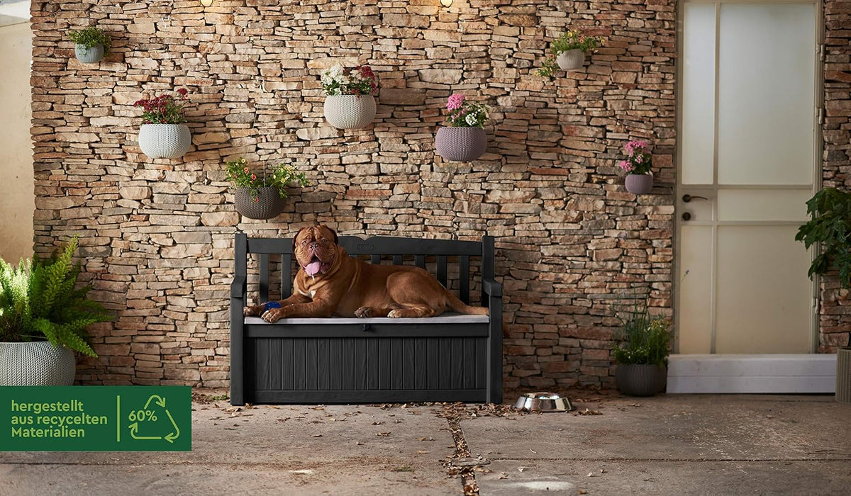 Keter Eden Bench 265L Outdoor Garden Storage Box, Graphite & Light Grey, 60% Recycled Plastic, Weatherproof