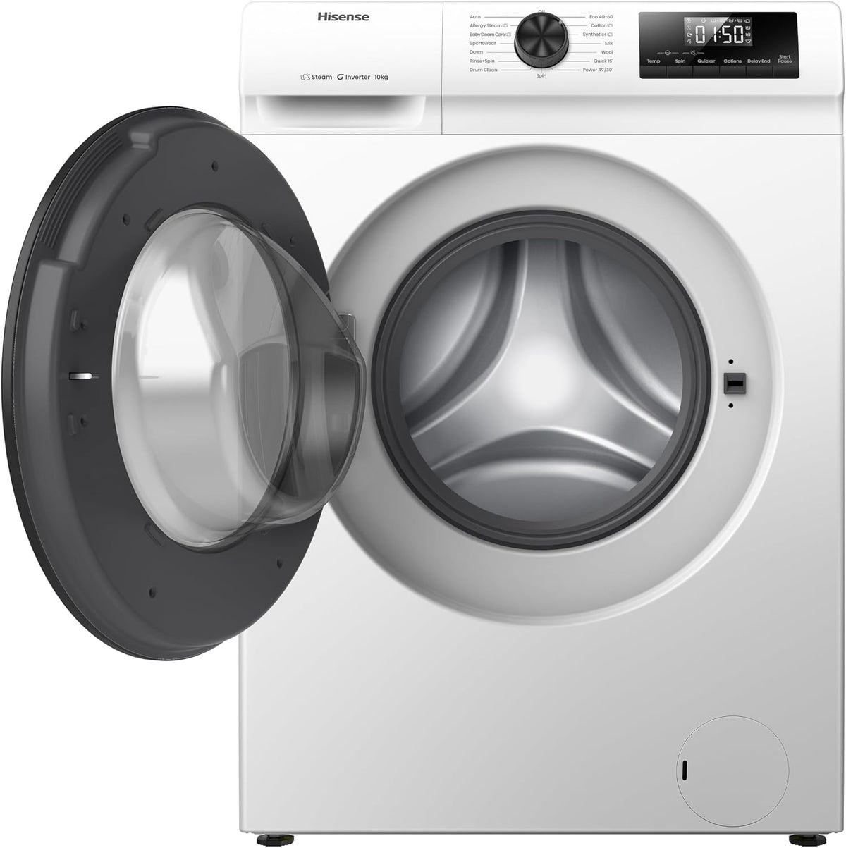 Hisense 1Q Series WF1Q1041BW Freestanding 10 KG Front Load Washing Durable Inverter Machine, Steam Wash, Quick Wash, 15 Washing Programs 1400 RPM White - Energy Rating A