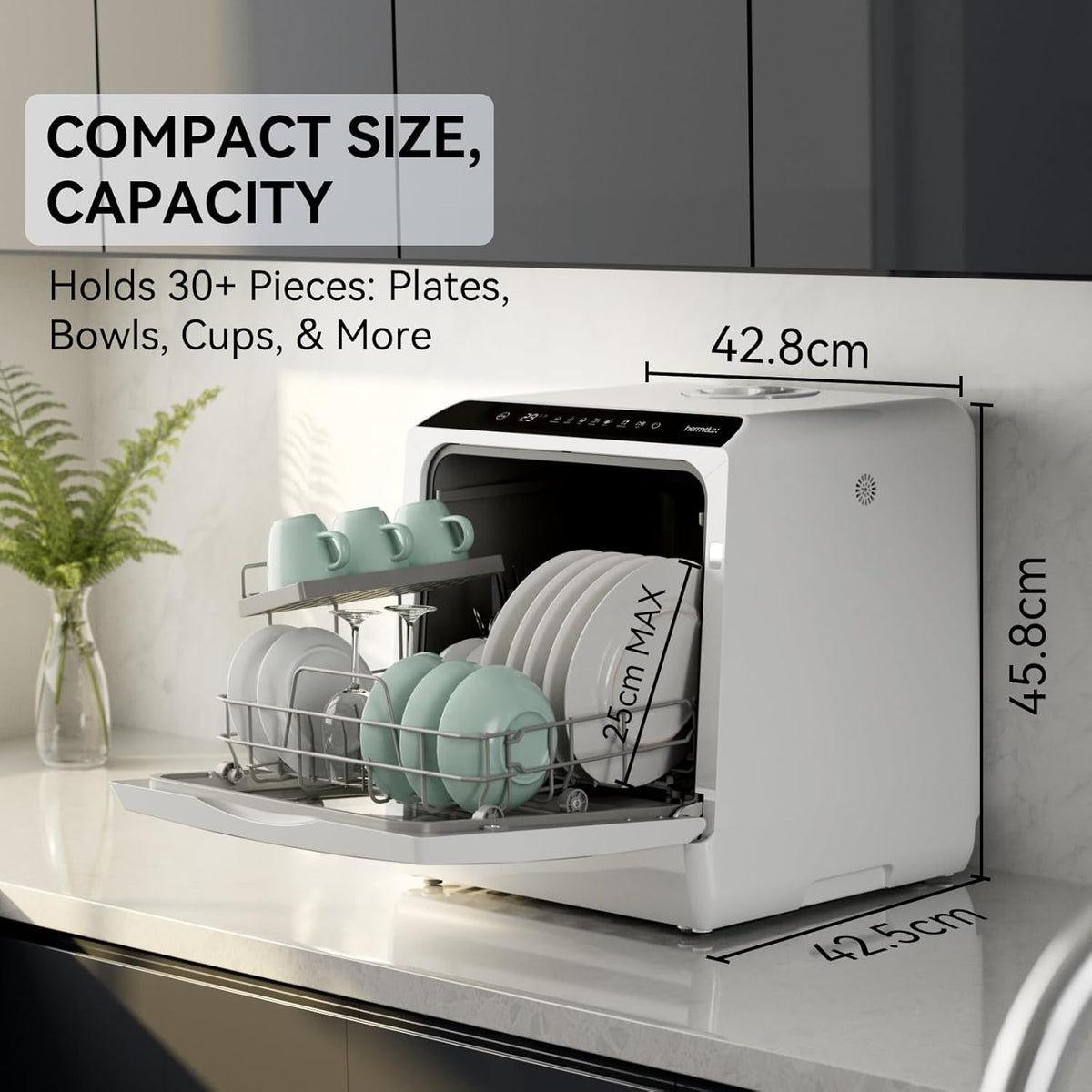 Hermitlux Table Top Dishwasher – Mini Countertop, 4 Place Settings, 6 Programs, Built-In 5L Water Tank, Touch Control